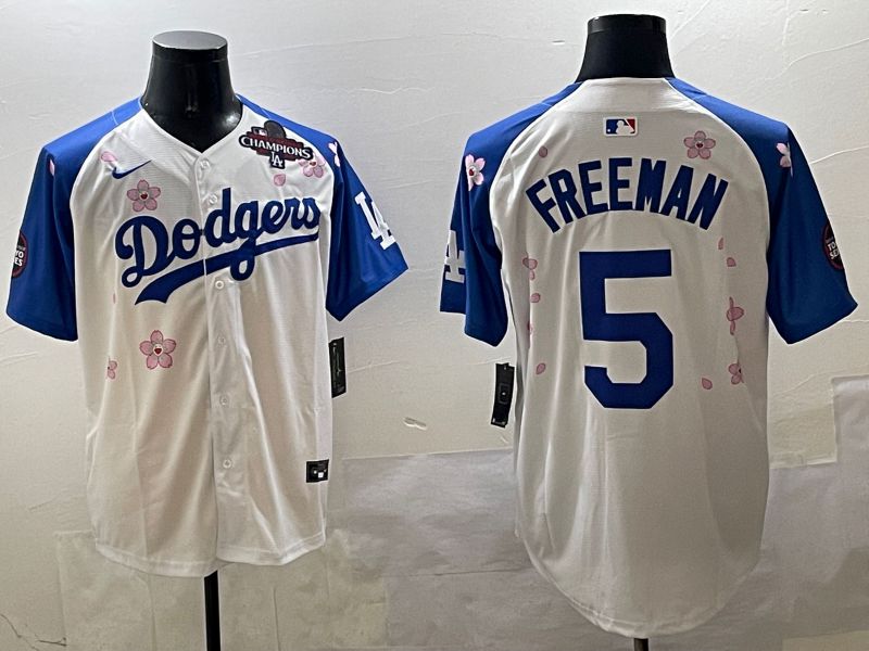 Men Los Angeles Dodgers #5 Freeman White Blue Sakura Edition 2025 Nike MLB Jersey style 2